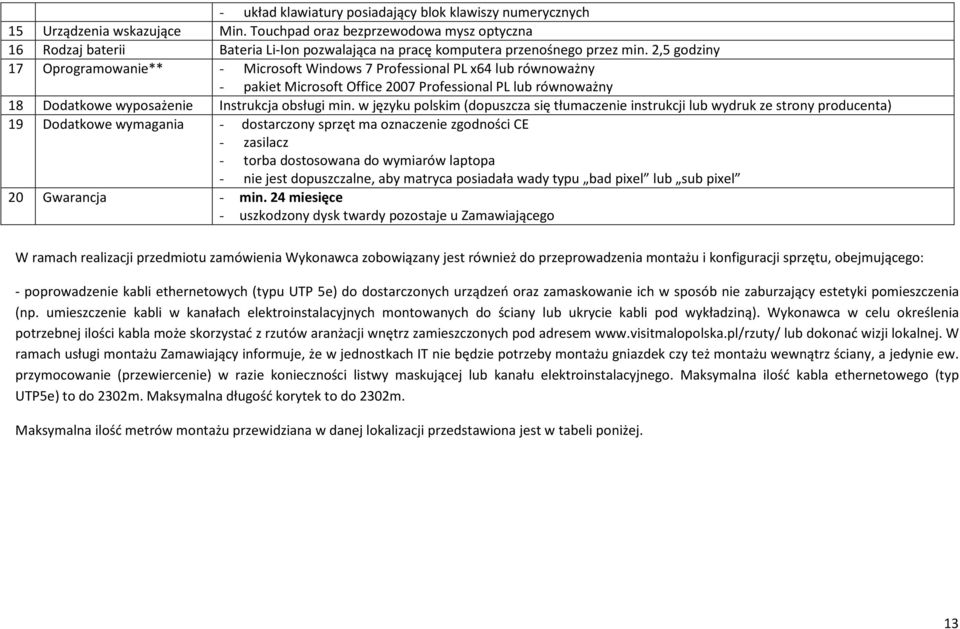 2,5 godziny 17 Oprogramowanie** - Microsoft Windows 7 Professional PL x64 lub równoważny - pakiet Microsoft Office 2007 Professional PL lub równoważny 18 Dodatkowe wyposażenie Instrukcja obsługi min.