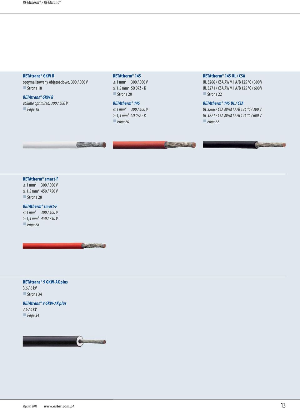 Strona 22 BETAtherm 145 UL / CSA UL 3266 / CSA AWM I A/B 125 C / 300 V UL 3271 / CSA AWM I A/B 125 C / 600 V Page 22 BETAtherm smart-f 1 mm² 300 / 500 V 1,5 mm² 450 / 750 V Strona 28