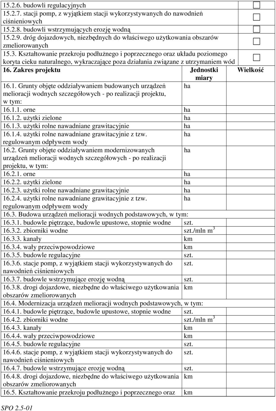 Kształtowanie przekroju podłużnego i poprzecznego oraz układu poziomego koryta cieku naturalnego, wykraczające poza działania związane z utrzymaniem wód 16.