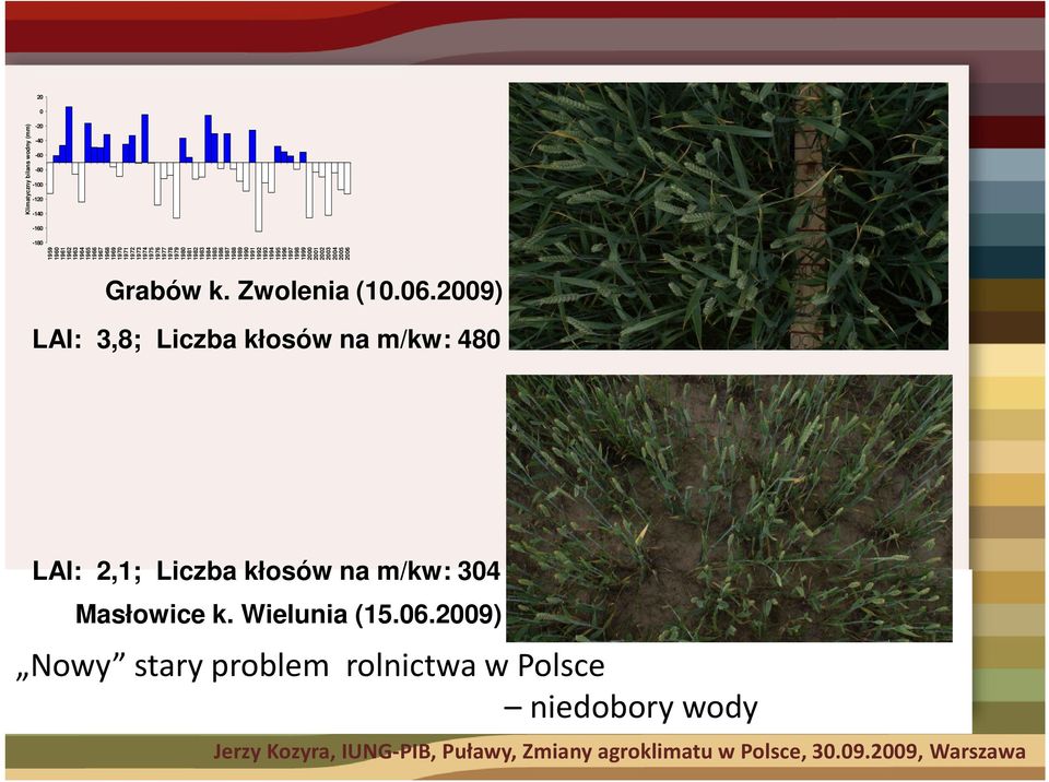 2001 2002 2003 2004 2005 2006 Klimatyczny bilans wodny (mm) Grabów k. Zwolenia (10.06.2009) LAI: 3,8; Liczba kłosów na m/kw: 480 LAI: 2,1; Liczba kłosów na m/kw: 304 Masłowice k.