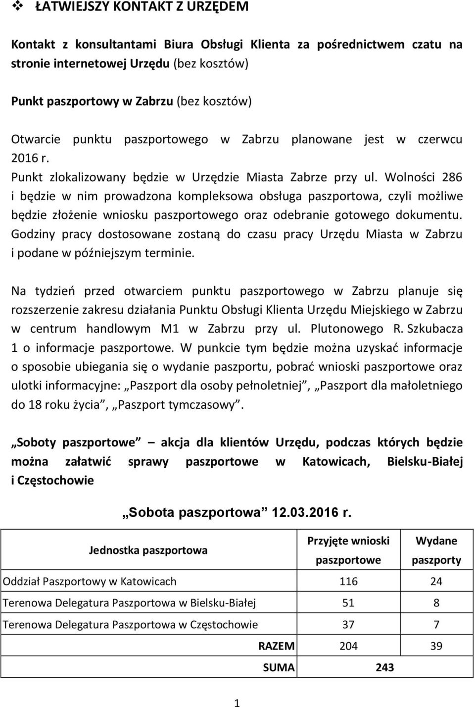Wolności 286 i będzie w nim prowadzona kompleksowa obsługa paszportowa, czyli możliwe będzie złożenie wniosku paszportowego oraz odebranie gotowego dokumentu.