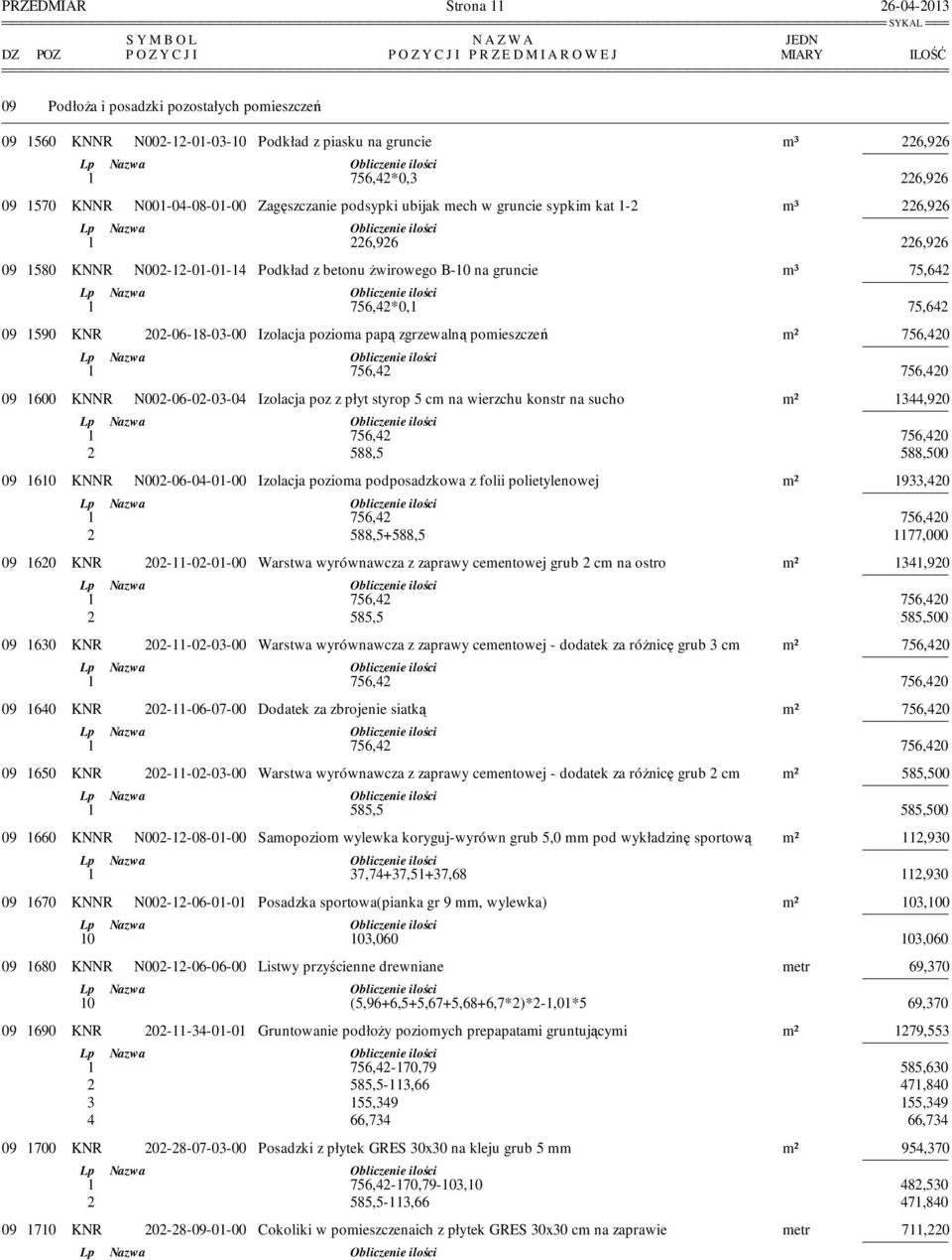 756,42*0,1 75,642 09 1590 KNR 202-06-18-03-00 Izolacja pozioma papą zgrzewalną pomieszczeń m² 756,420 1 756,42 756,420 09 1600 KNNR N002-06-02-03-04 Izolacja poz z płyt styrop 5 cm na wierzchu konstr