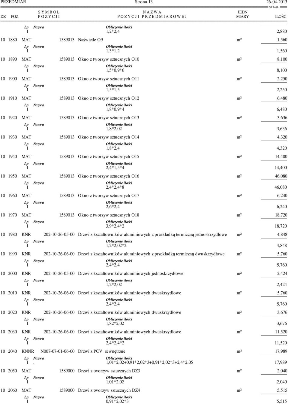 tworzyw sztucznych O13 m² 3,636 1 1,8*2,02 3,636 10 1930 MAT 1589013 Okno z tworzyw sztucznych O14 m² 4,320 1 1,8*2,4 4,320 10 1940 MAT 1589013 Okno z tworzyw sztucznych O15 m² 14,400 1 2,4*1,5*4