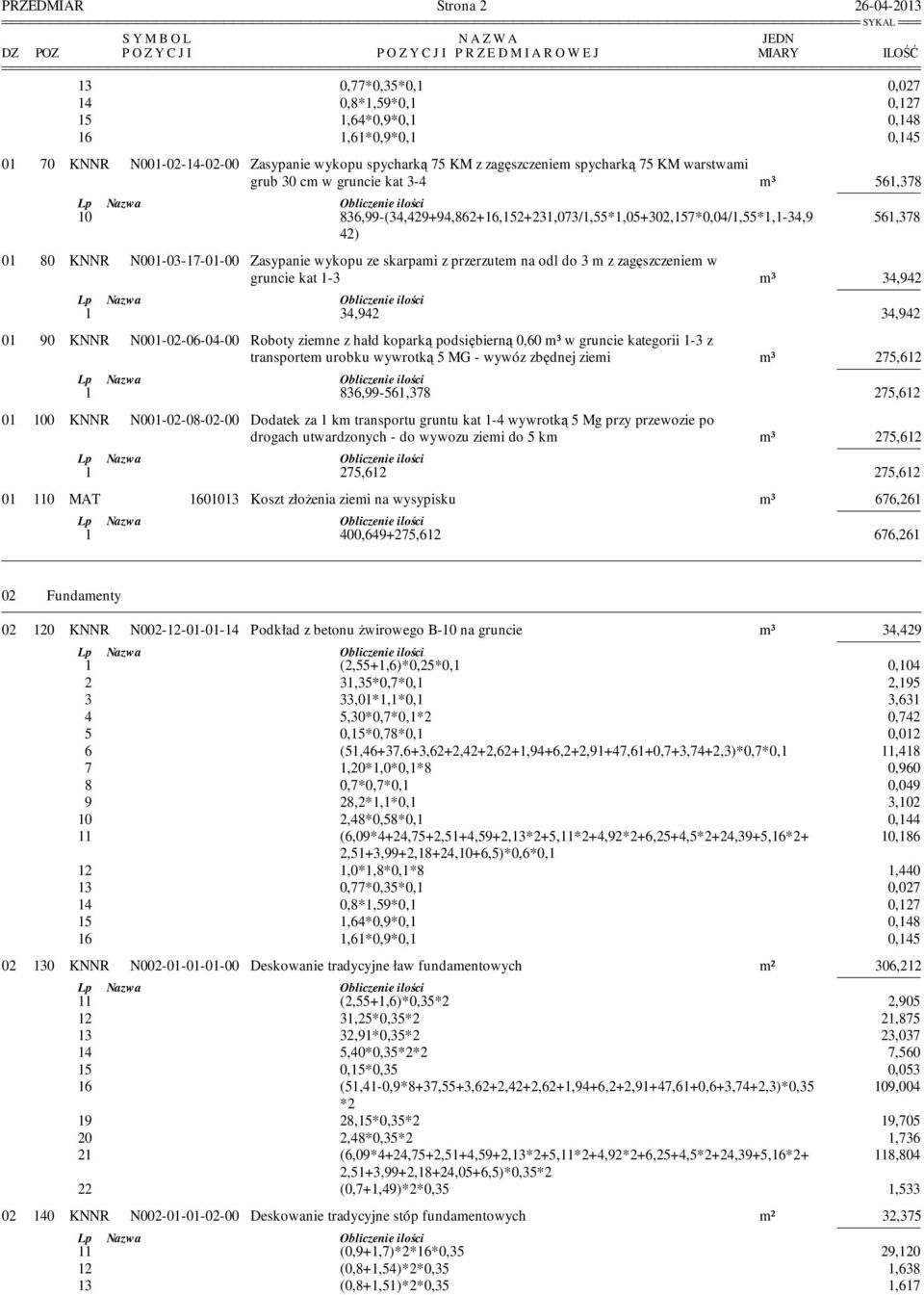 N001-03-17-01-00 Zasypanie wykopu ze skarpami z przerzutem na odl do 3 m z zagęszczeniem w gruncie kat 1-3 m³ 34,942 1 34,942 34,942 01 90 KNNR N001-02-06-04-00 Roboty ziemne z hałd koparką