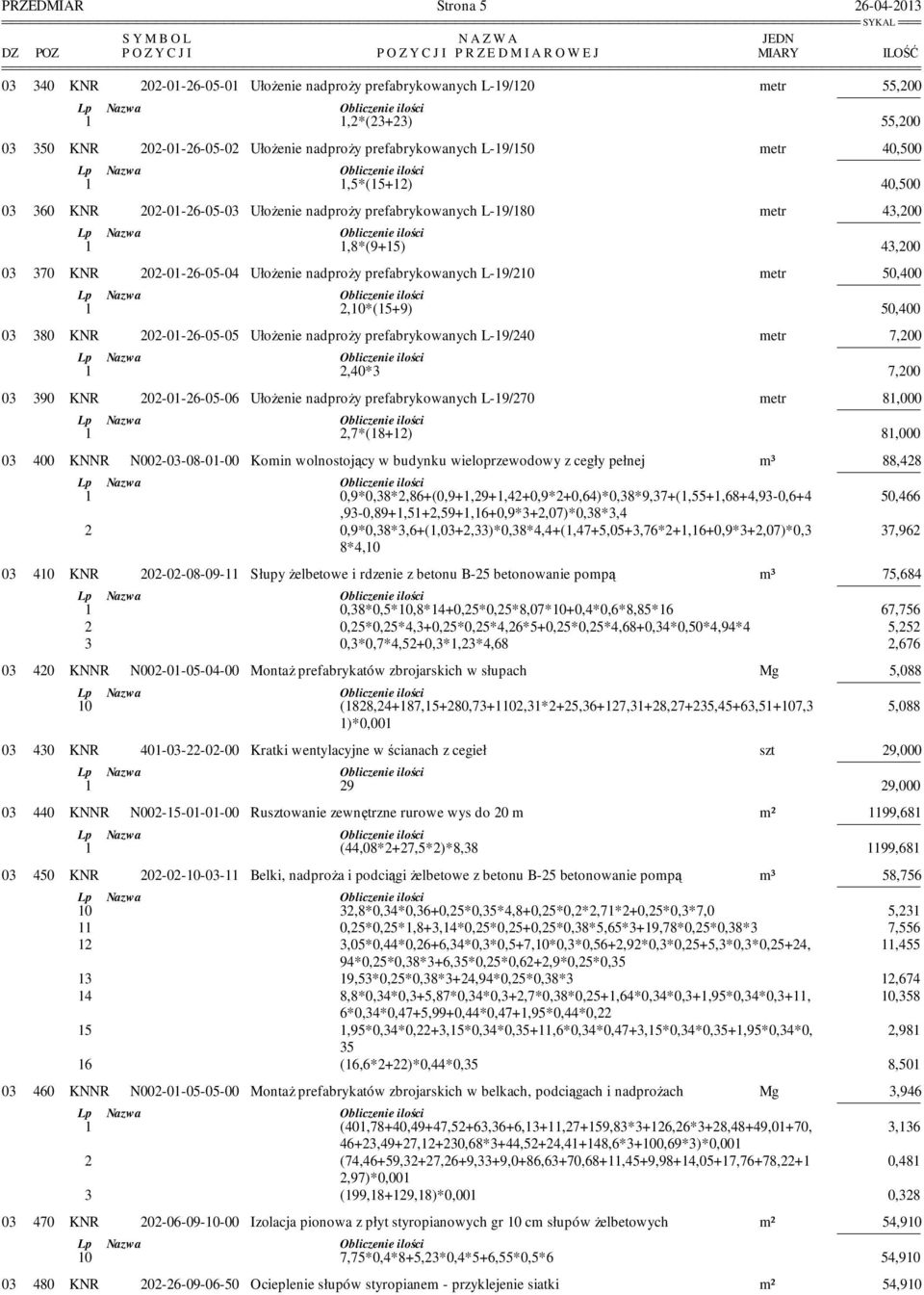 Ułożenie nadproży prefabrykowanych L-19/210 metr 50,400 1 2,10*(15+9) 50,400 03 380 KNR 202-01-26-05-05 Ułożenie nadproży prefabrykowanych L-19/240 metr 7,200 1 2,40*3 7,200 03 390 KNR
