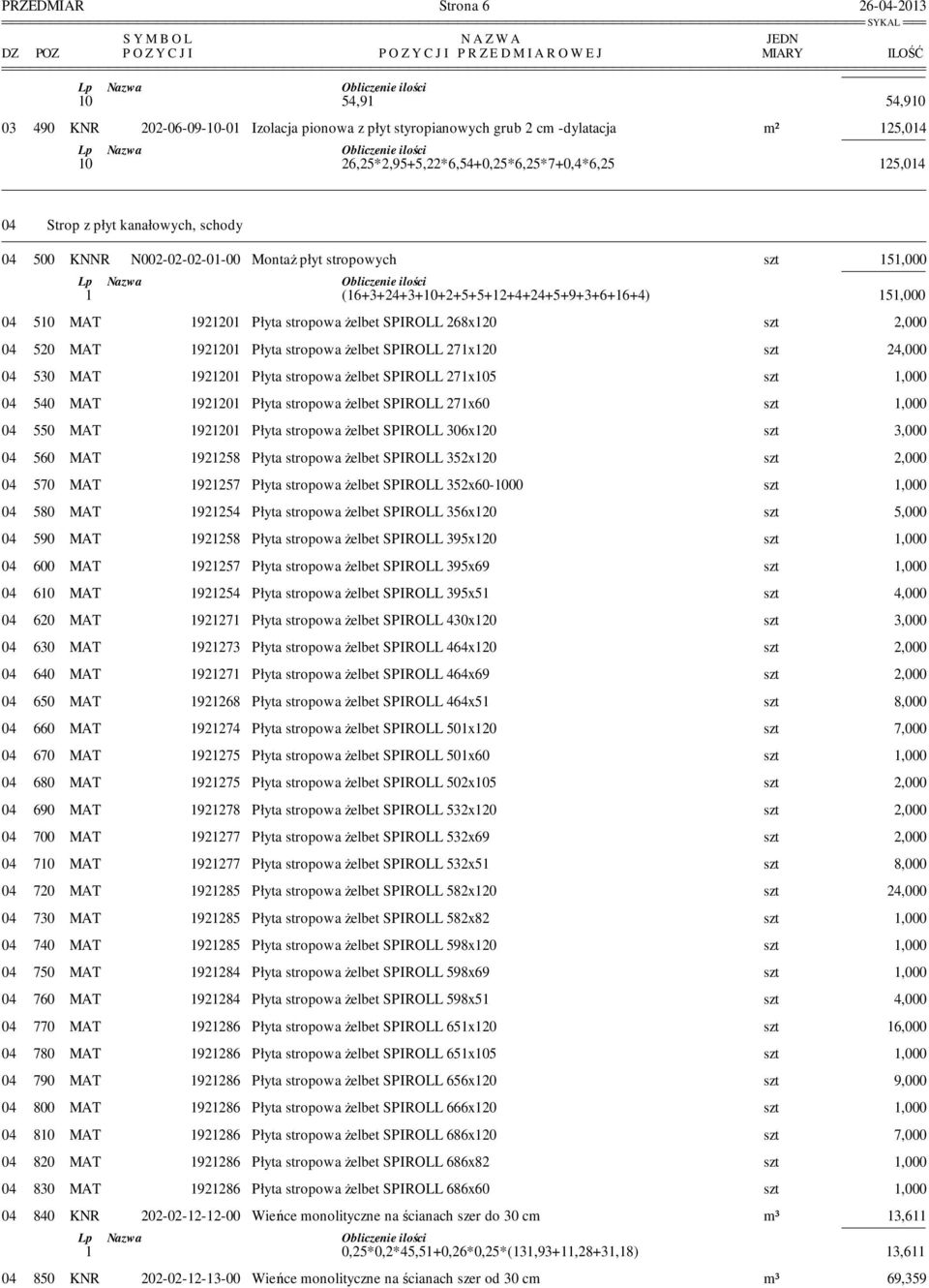 151,000 04 510 MAT 1921201 Płyta stropowa żelbet SPIROLL 268x120 szt 2,000 04 520 MAT 1921201 Płyta stropowa żelbet SPIROLL 271x120 szt 24,000 04 530 MAT 1921201 Płyta stropowa żelbet SPIROLL 271x105