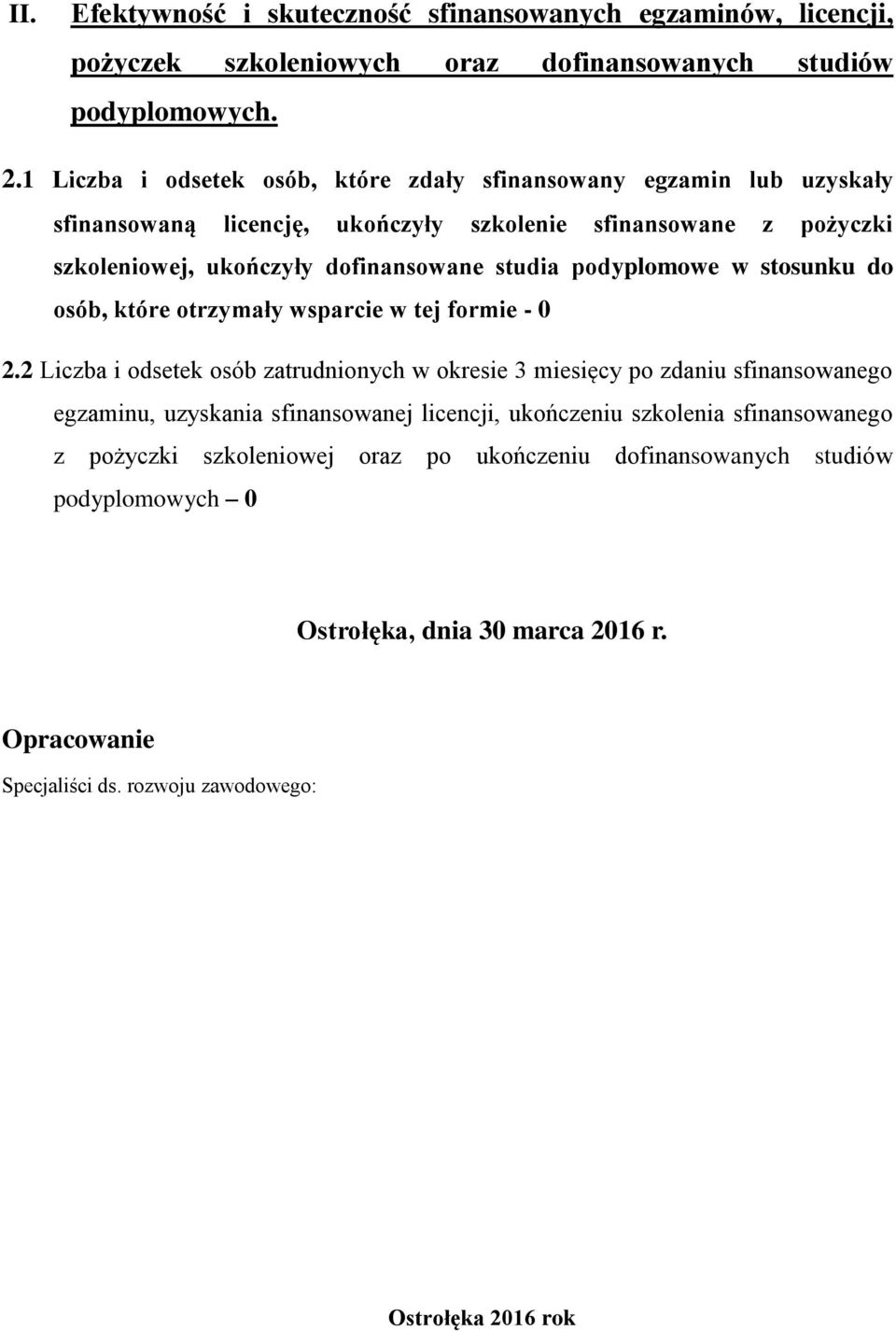 studia podyplomowe w stosunku do osób, które otrzymały wsparcie w tej formie - 0 2.