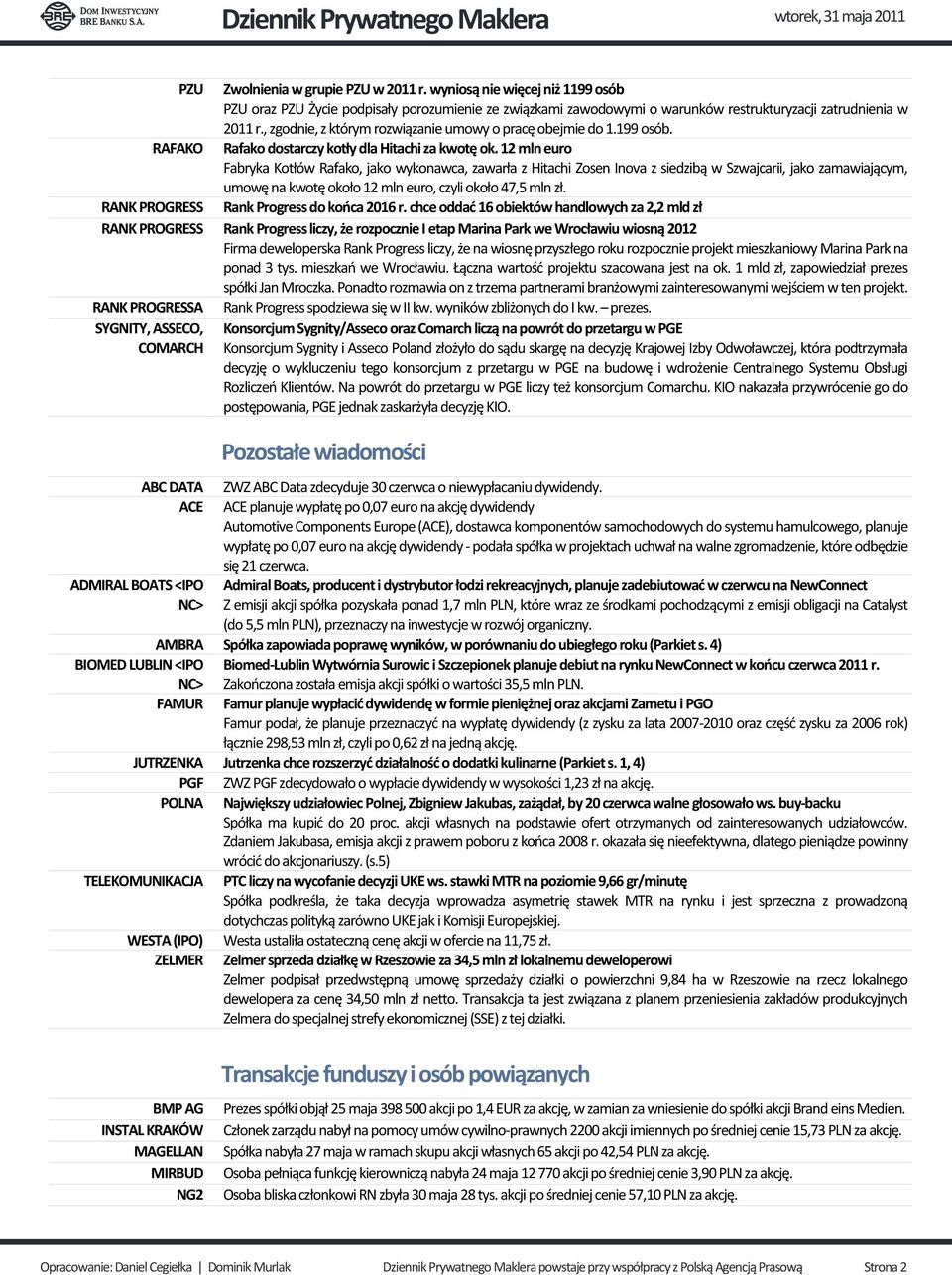12 mln euro Fabryka Kotłów Rafako, jako wykonawca, zawarła z Hitachi Zosen Inova z siedzibą w Szwajcarii, jako zamawiającym, umowę na kwotę około 12 mln euro, czyli około 47,5 mln zł.