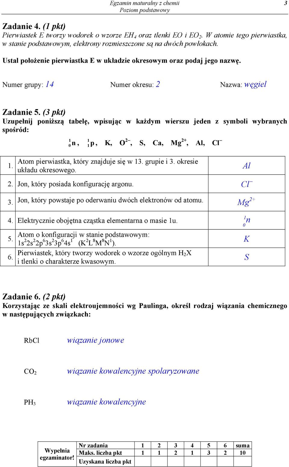 Numer grupy: 14 Numer okresu: 2 Nazwa: węgiel Zadanie 5. (3 pkt) Uzupełnij poniższą tabelę, wpisując w każdym wierszu jeden z symboli wybranych spośród: 1.