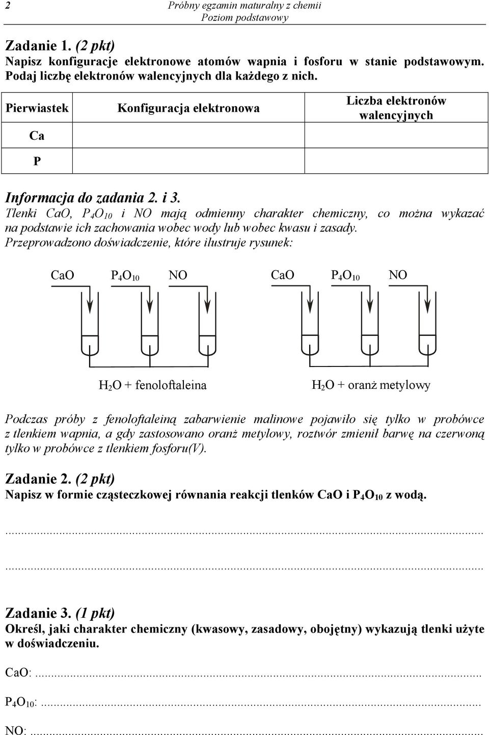 Tlenki CaO, P 4 O 10 i NO mają odmienny charakter chemiczny, co można wykazać na podstawie ich zachowania wobec wody lub wobec kwasu i zasady.