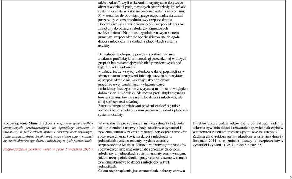 także zakres, czyli wskazania merytoryczne dotyczące obszarów działań podejmowanych przez szkoły i placówki systemu oświaty w zakresie przeciwdziałania narkomanii; 3) w stosunku do obowiązującego