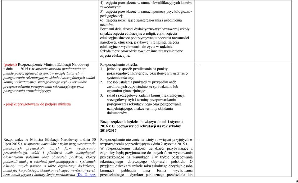 przeprowadzania postępowania rekrutacyjnego oraz postępowania uzupełniającego - projekt przygotowany do podpisu ministra Rozporządzenie Ministra Edukacji Narodowej z dnia 30 lipca 2015 r.