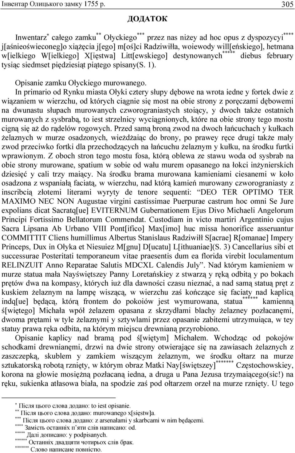 W[ielkiego] X[ięstwa] Litt[ewskiego] destynowanych ***** diebus february tysiąc siedmset piędziesiąt piątego spisany(s. 1). Opisanie zamku Ołyckiego murowanego.