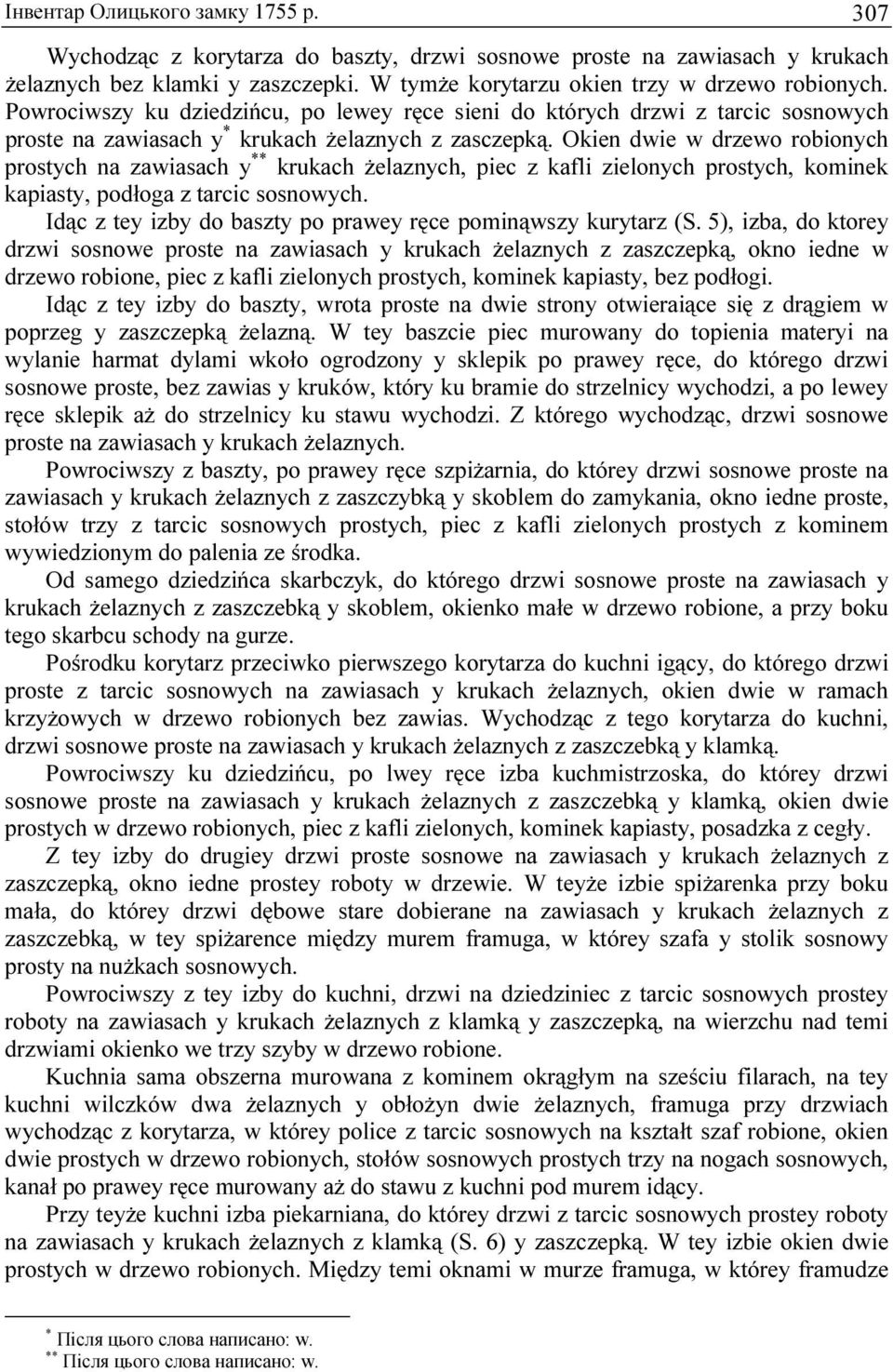 Okien dwie w drzewo robionych prostych na zawiasach y ** krukach żelaznych, piec z kafli zielonych prostych, kominek kapiasty, podłoga z tarcic sosnowych.