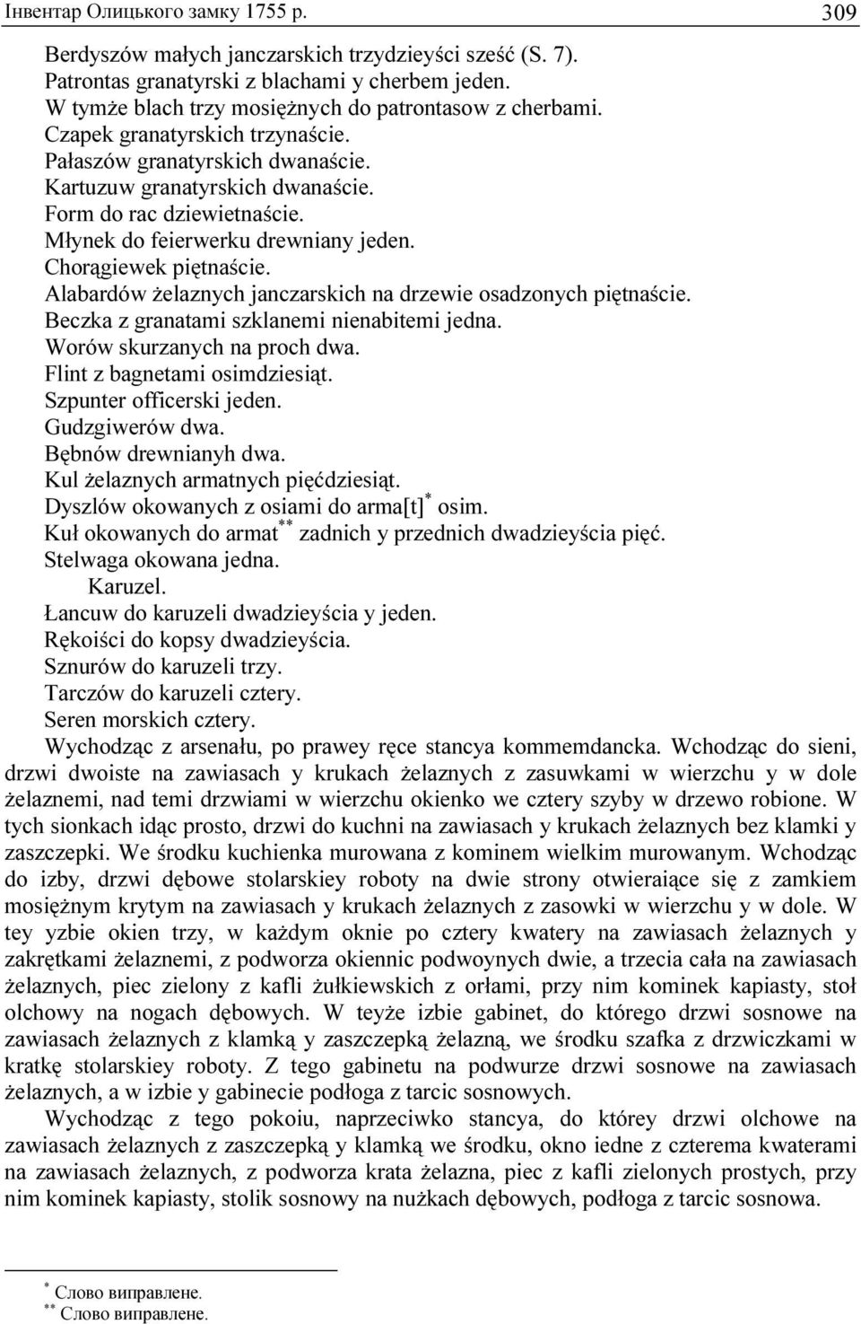 Alabardów żelaznych janczarskich na drzewie osadzonych piętnaście. Beczka z granatami szklanemi nienabitemi jedna. Worów skurzanych na proch dwa. Flint z bagnetami osimdziesiąt.