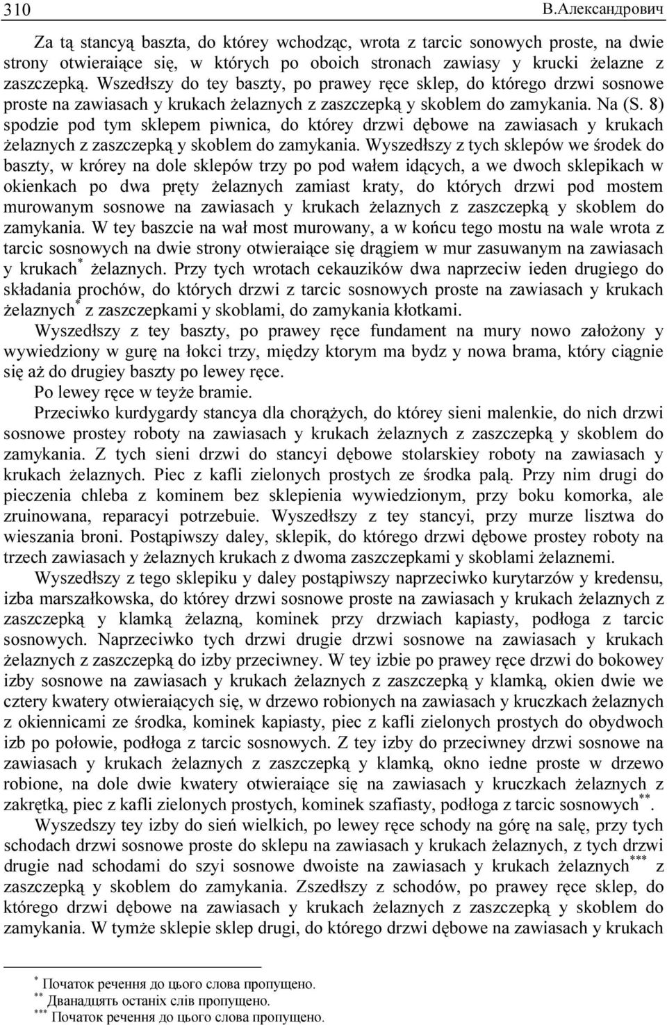 8) spodzie pod tym sklepem piwnica, do którey drzwi dębowe na zawiasach y krukach żelaznych z zaszczepką y skoblem do zamykania.