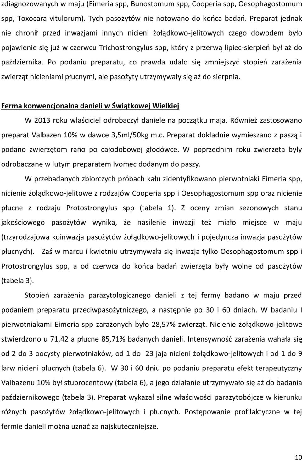 października. Po podaniu preparatu, co prawda udało się zmniejszyć stopień zarażenia zwierząt nicieniami płucnymi, ale pasożyty utrzymywały się aż do sierpnia.
