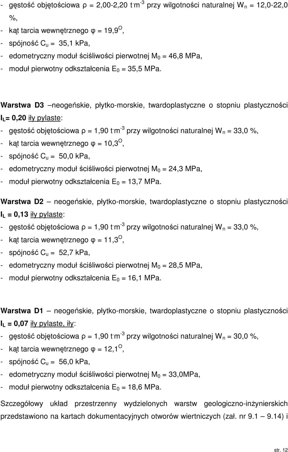 odkształcenia E 0 = 35,5 MPa. Warstwa D3 neogeńskie, płytko-morskie, twardoplastyczne o stopniu plastyczności I L = 0,20 iły pylaste: - gęstość objętościowa ρ = 1,90 t.