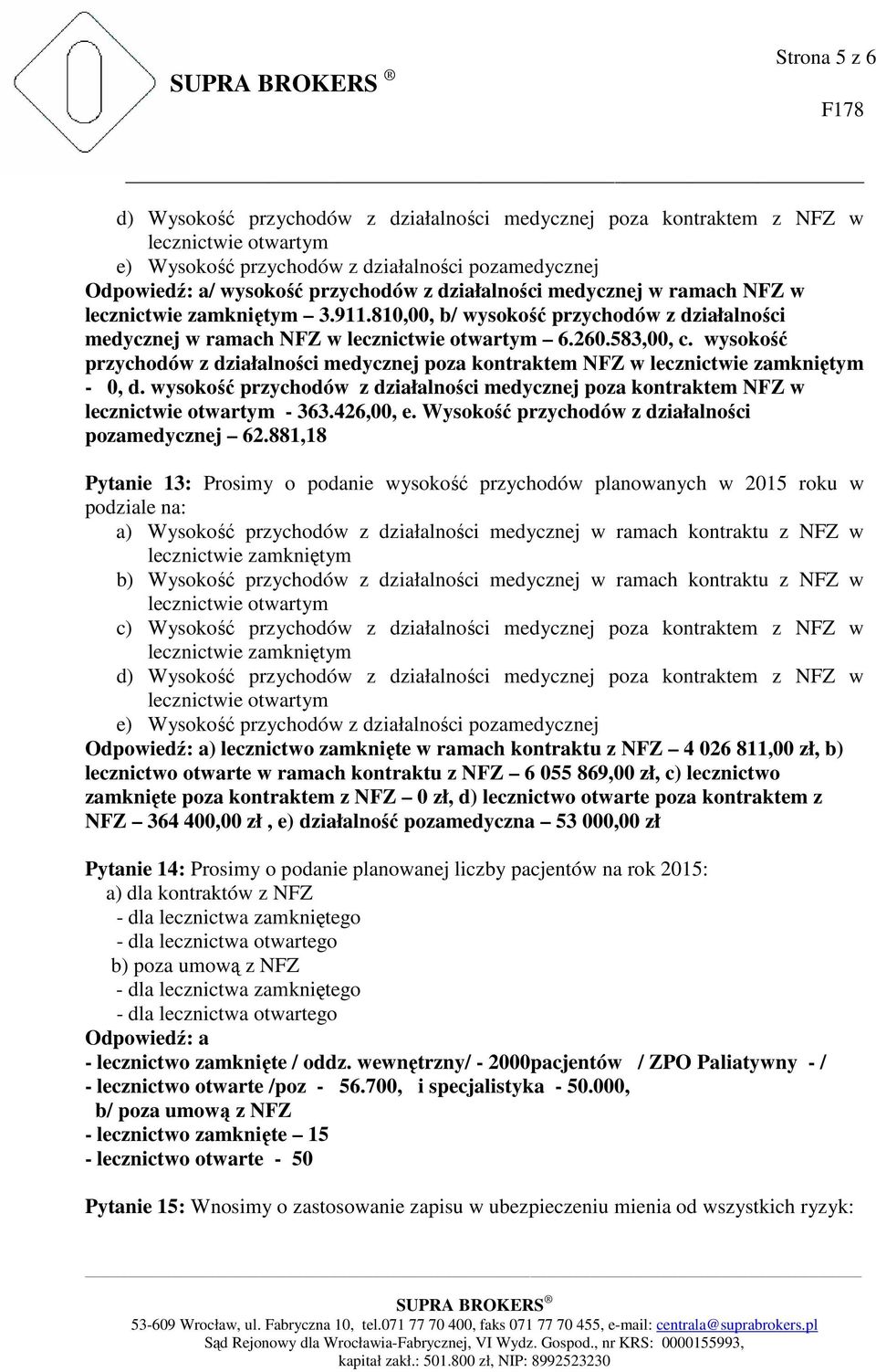 wysokość przychodów z działalności medycznej poza kontraktem NFZ w - 363.426,00, e. Wysokość przychodów z działalności pozamedycznej 62.