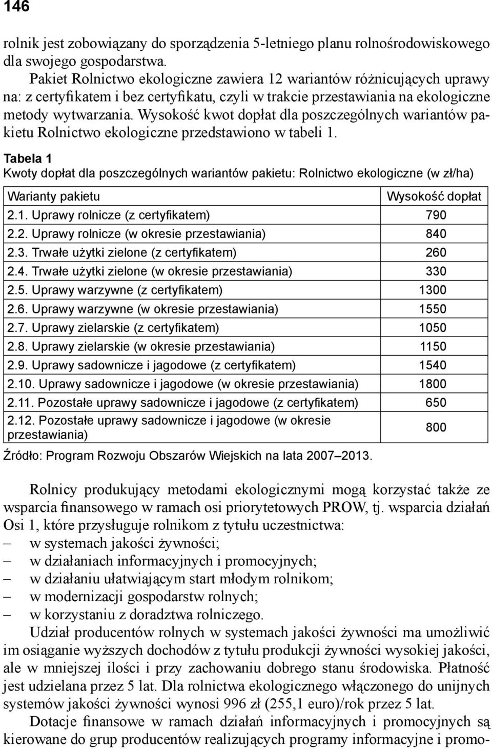 Wysokość kwot dopłat dla poszczególnych wariantów pakietu Rolnictwo ekologiczne przedstawiono w tabeli 1.