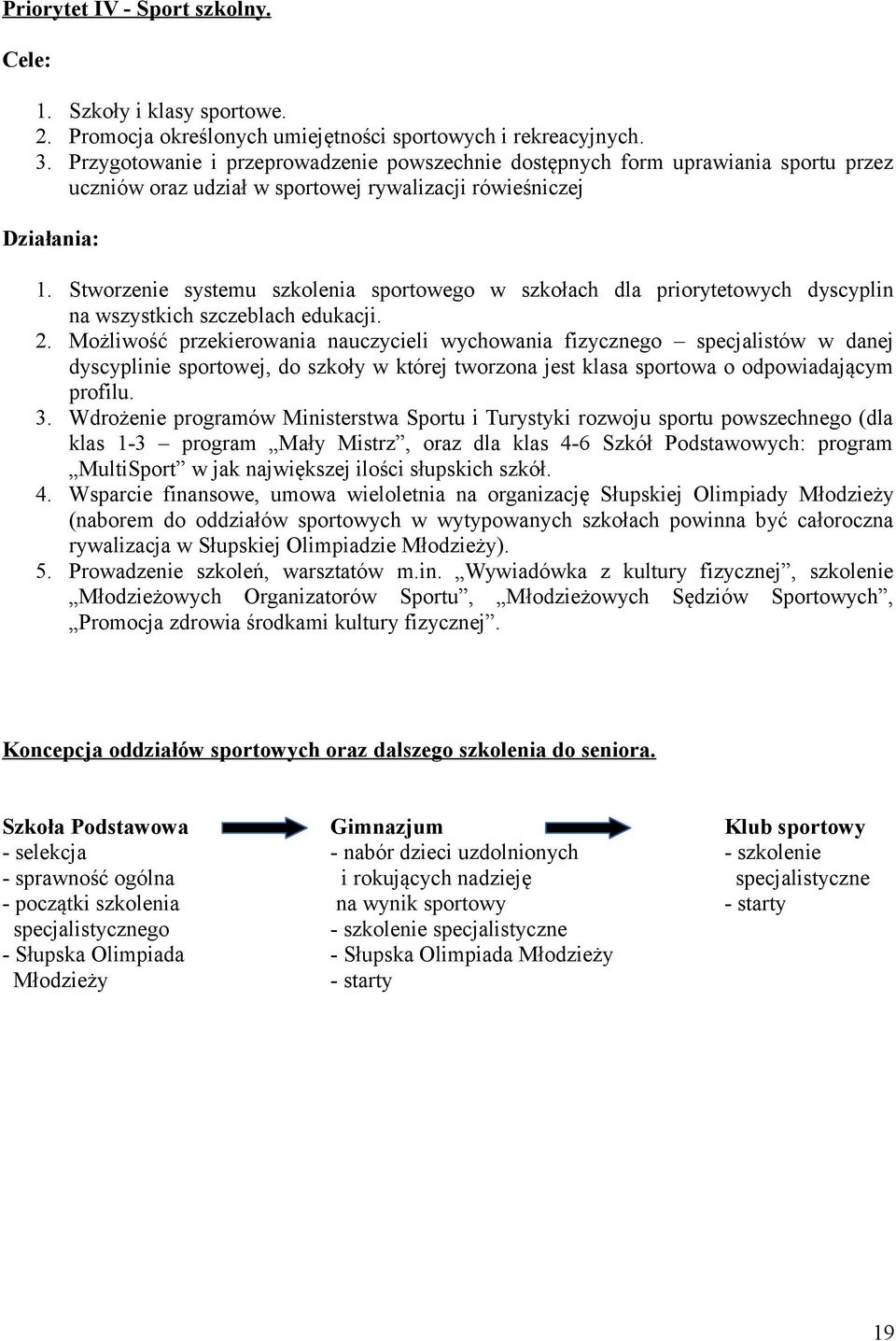 Stworzenie systemu szkolenia sportowego w szkołach dla priorytetowych dyscyplin na wszystkich szczeblach edukacji. 2.