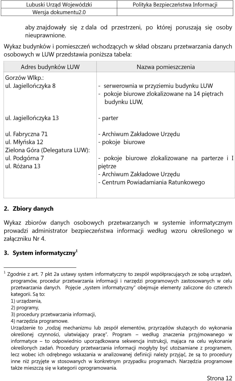 Jagiellończyka 13 ul. Fabryczna 71 ul. Młyńska 12 Zielona Góra (Delegatura LUW): ul. Podgórna 7 ul.