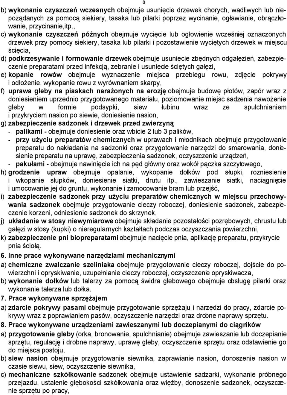 podkrzesywanie i formowanie drzewek obejmuje usunięcie zbędnych odgałęzień, zabezpieczenie preparatami przed infekcją, zebranie i usunięcie ściętych gałęzi, e) kopanie rowów obejmuje wyznaczenie