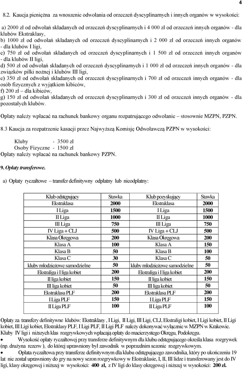 dyscyplinarnych i 1 500 zł od orzeczeń innych organów - dla klubów ligi, d) 500 zł od odwołań składanych od orzeczeń dyscyplinarnych i 1 000 zł od orzeczeń innych organów - dla związków piłki nożnej