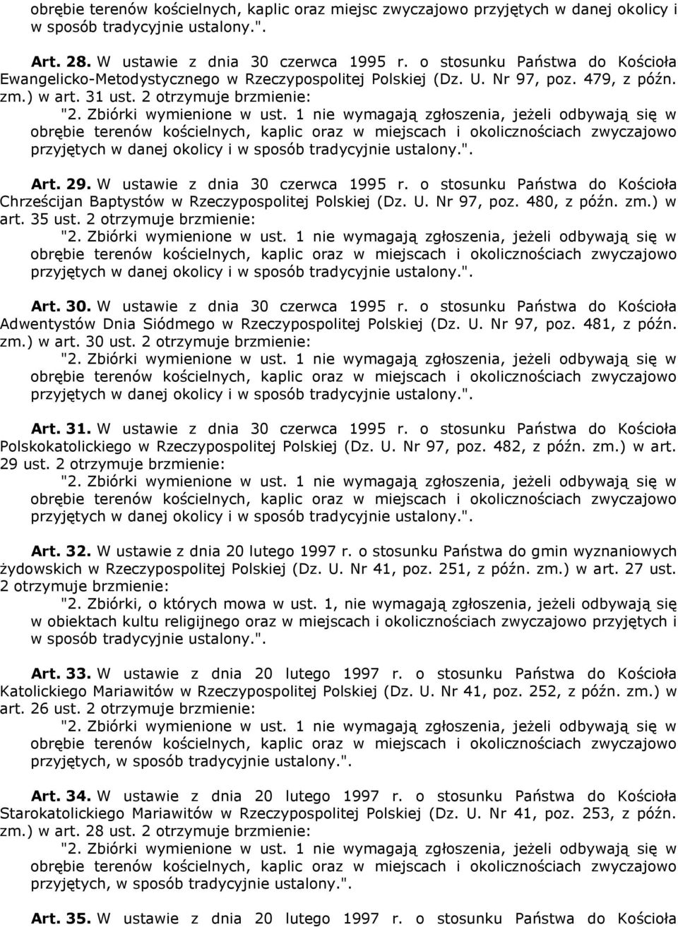 W ustawie z dnia 30 czerwca 1995 r. o stosunku Państwa do Kościoła Chrześcijan Baptystów w Rzeczypospolitej Polskiej (Dz. U. Nr 97, poz. 480, z późn. zm.) w art. 35 ust. 2 otrzymuje brzmienie: Art.