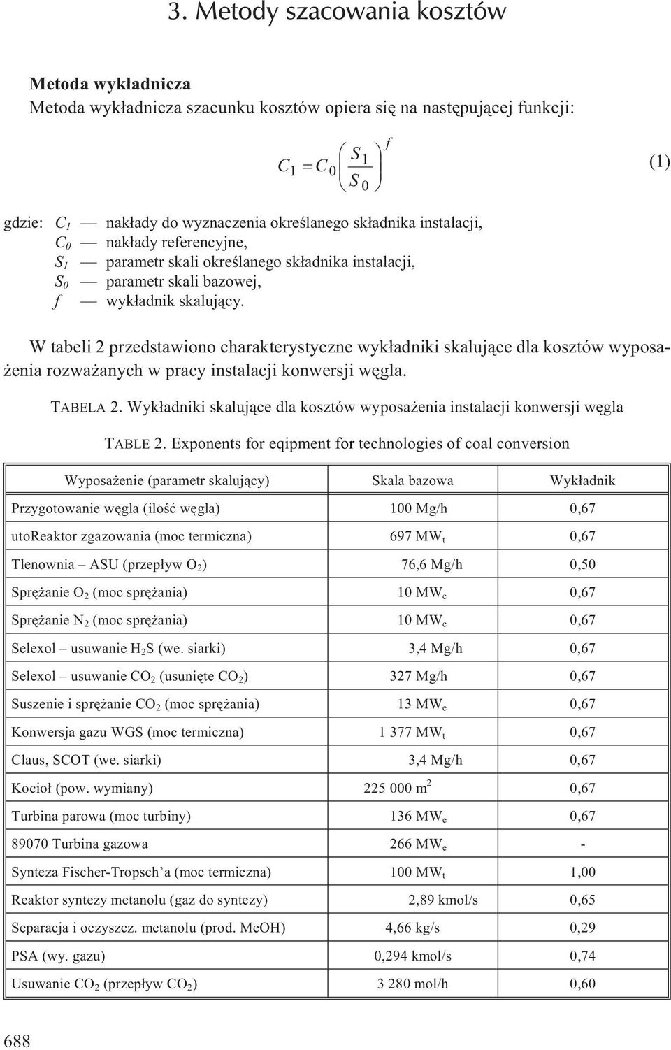 W tabeli 2 przedstawiono charakterystyczne wyk³adniki skaluj¹ce dla kosztów wyposa- enia rozwa anych w pracy instalacji konwersji wêgla. TABELA 2.