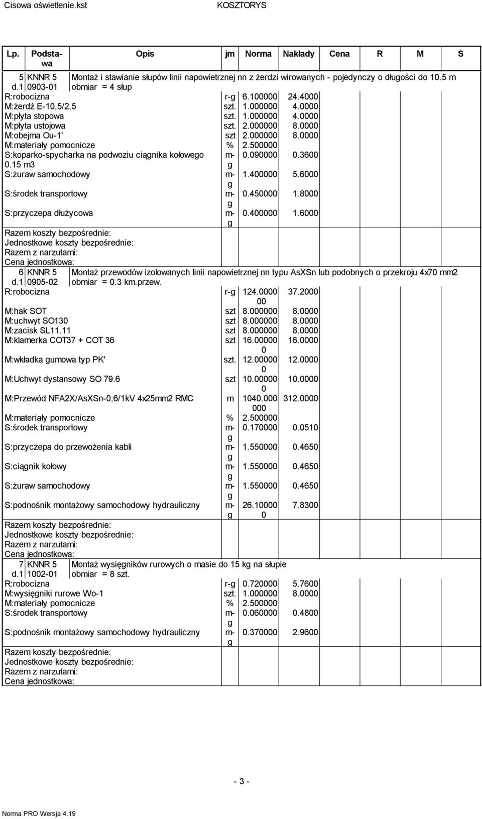 0000 M:obejma Ou-1' szt 2.000000 8.0000 S:koparko-spycharka na podwoziu ciąnika kołoweo m- 0.090000 0.3600 0.15 m3 S:żuraw samochodowy m- 1.400000 5.6000 S:środek transportowy m- 0.450000 1.