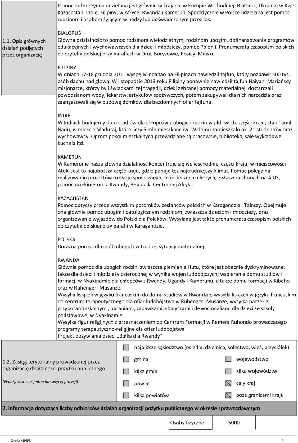 1. Opis głównych działań podjętych przez organizację BIAŁORUŚ Główna działalność to pomoc rodzinom wielodzietnym, rodzinom ubogim, dofinansowanie programów edukacyjnych i wychowawczych dla dzieci i