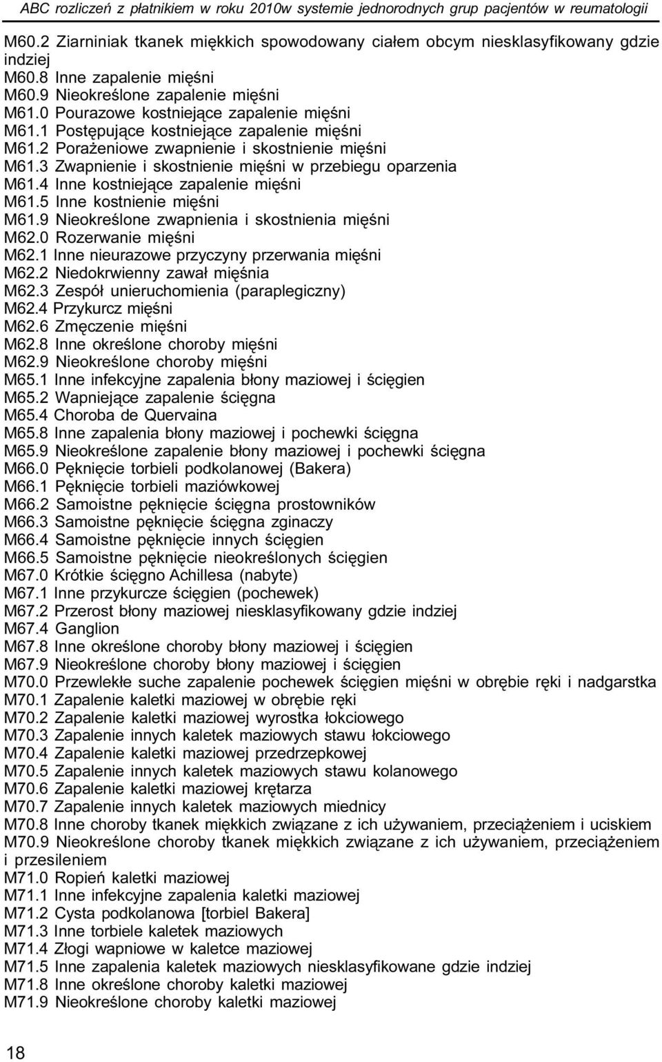 2 Pora eniowe zwapnienie i skostnienie miêœni M61.3 Zwapnienie i skostnienie miêœni w przebiegu oparzenia M61.4 Inne kostniej¹ce zapalenie miêœni M61.5 Inne kostnienie miêœni M61.