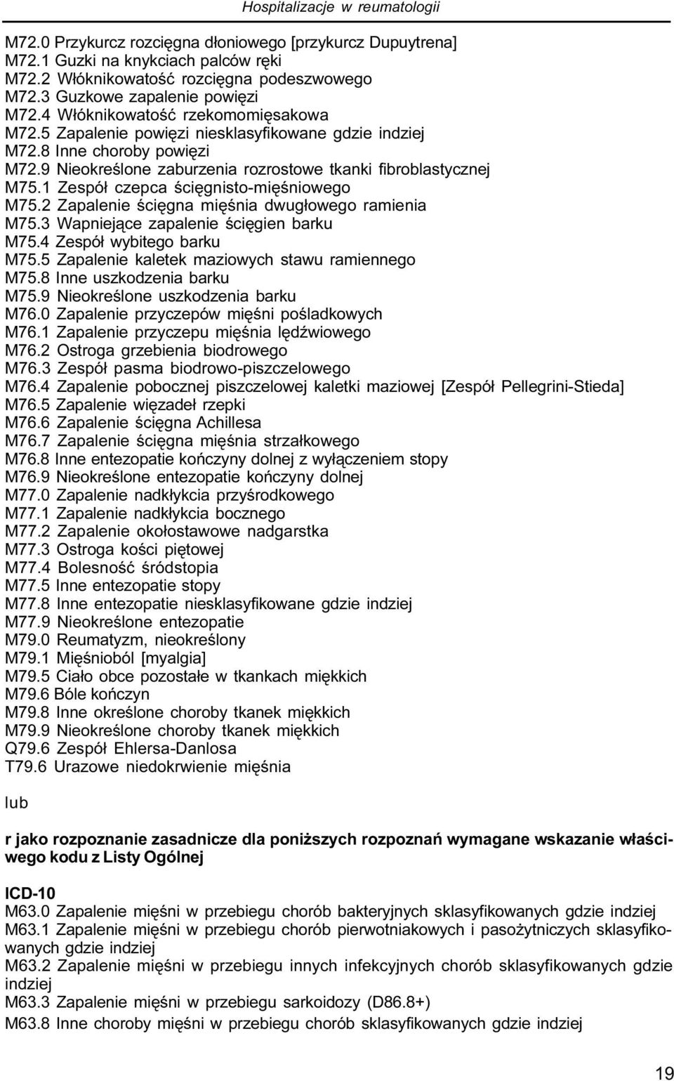 1 Zespó³ czepca œciêgnisto-miêœniowego M75.2 Zapalenie œciêgna miêœnia dwug³owego ramienia M75.3 Wapniej¹ce zapalenie œciêgien barku M75.4 Zespó³ wybitego barku M75.