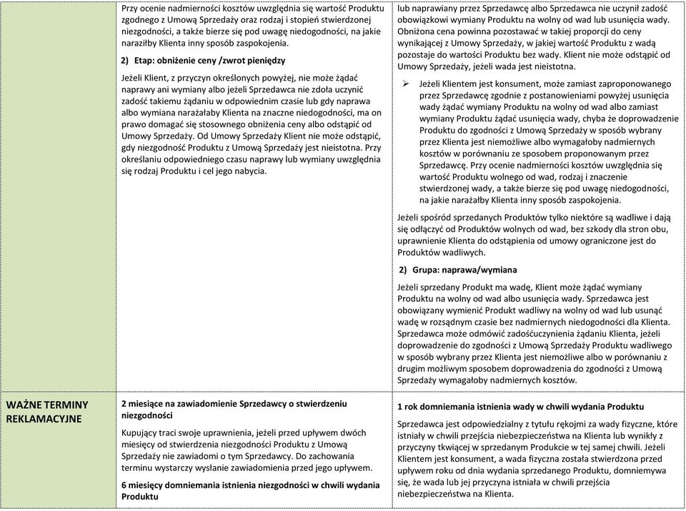 2) Etap: obniżenie ceny /zwrot pieniędzy Jeżeli Klient, z przyczyn określonych powyżej, nie może żądać naprawy ani wymiany albo jeżeli Sprzedawca nie zdoła uczynić zadość takiemu żądaniu w