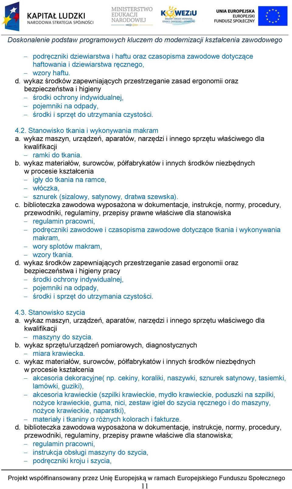 wykaz materiałów, surowców, półfabrykatów i innych środków niezbędnych w procesie kształcenia igły do tkania na ramce, włóczka, sznurek (sizalowy, satynowy, dratwa szewska). c.