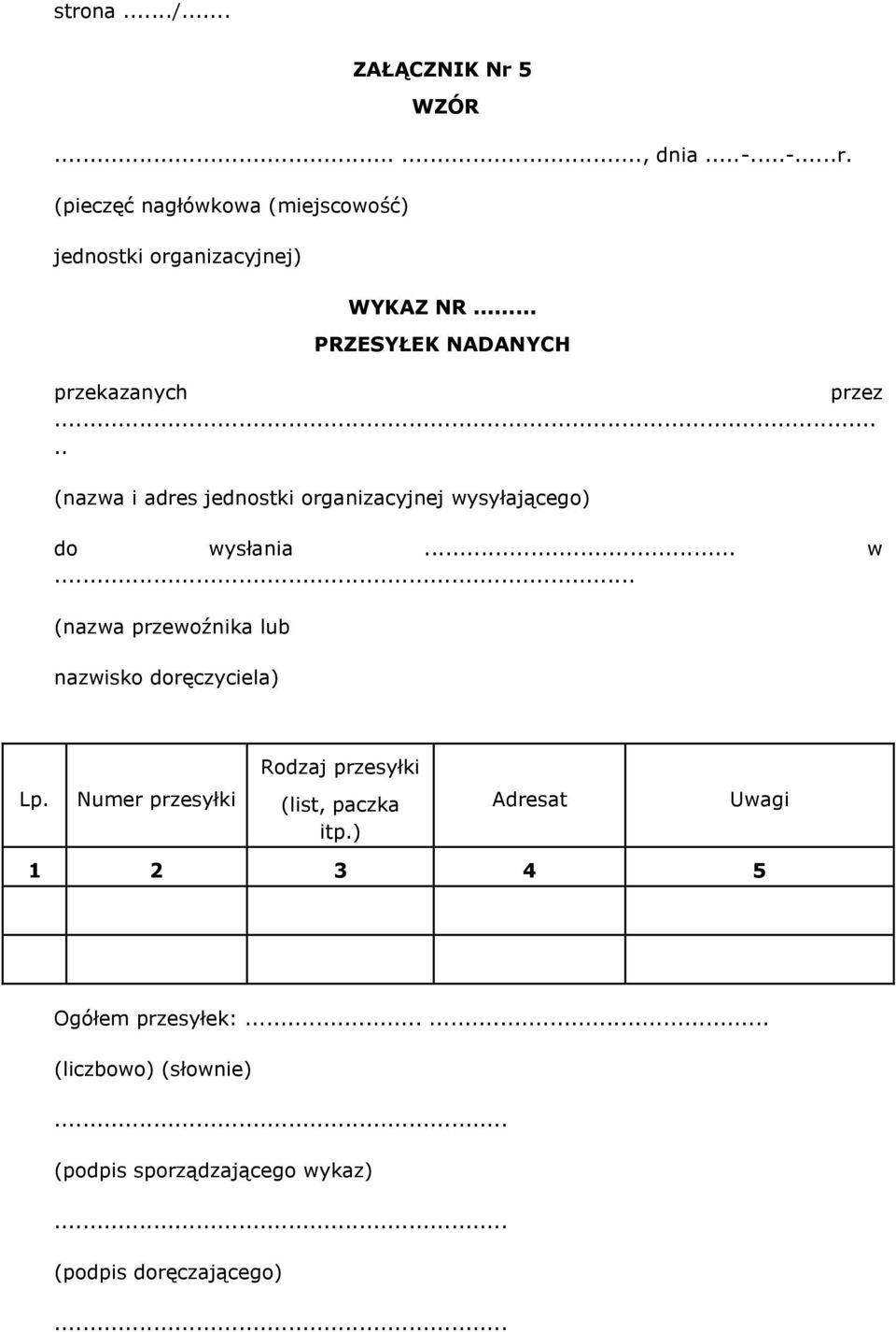 syłjącego) do wysłni... w... (nzw przewoźnik lub nzwisko doręczyciel) Rodzj przesyłki Lp.