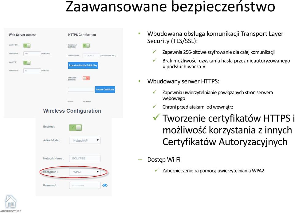 serwer HTTPS: Zapewnia uwierzytelnianie powiązanych stron serwera webowego Chroni przed atakami od wewnątrz Tworzenie