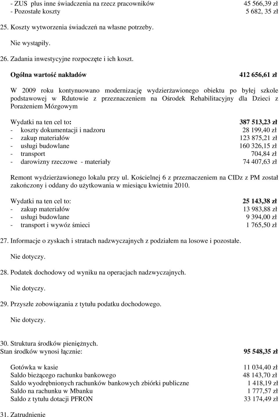 Ogólna wartość nakładów 412 656,61 zł W 2009 roku kontynuowano modernizację wydzierżawionego obiektu po byłej szkole podstawowej w Rdutowie z przeznaczeniem na Ośrodek Rehabilitacyjny dla Dzieci z