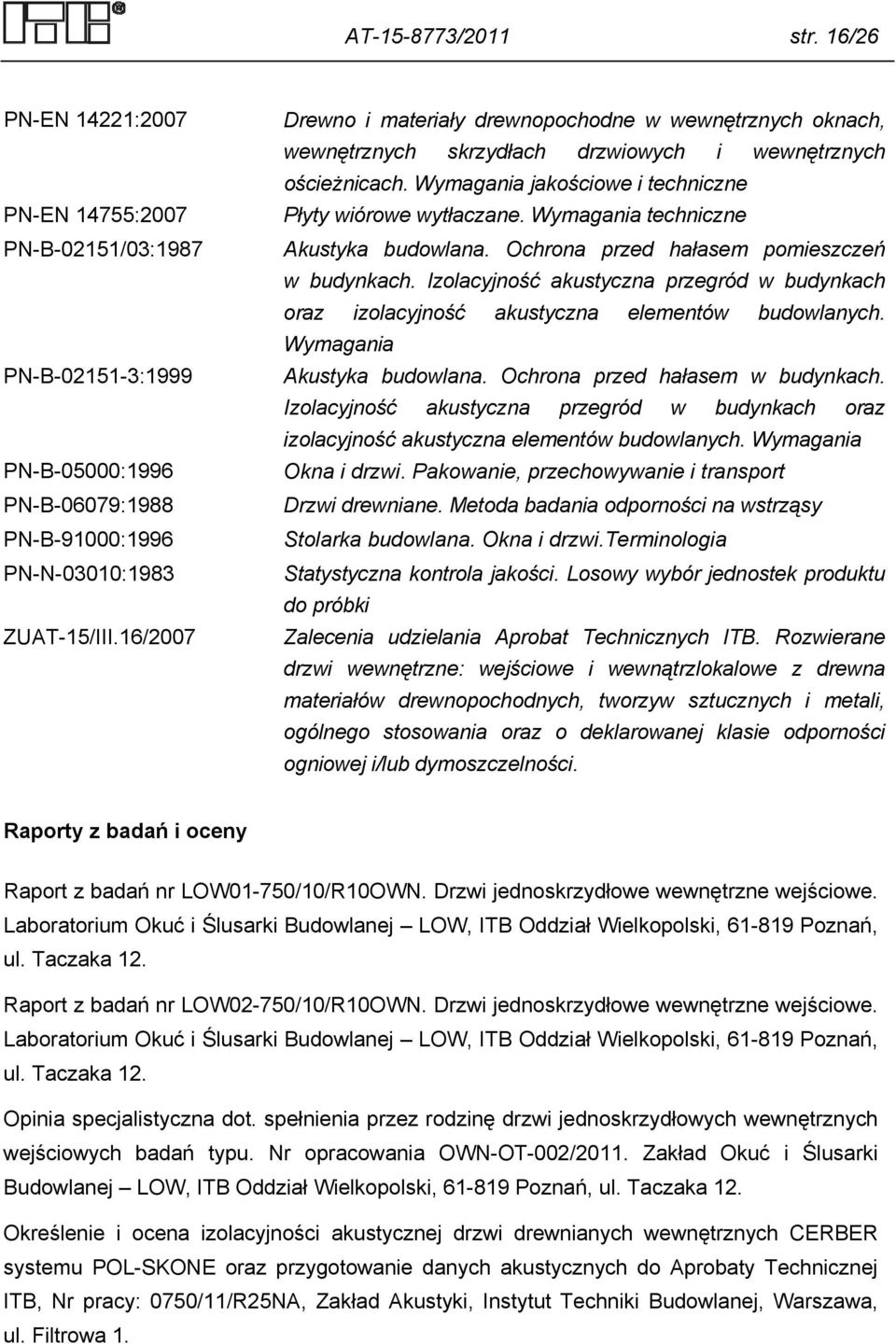 Wymagania techniczne Akustyka budowlana. Ochrona przed hałasem pomieszczeń w budynkach. Izolacyjność akustyczna przegród w budynkach oraz izolacyjność akustyczna elementów budowlanych.