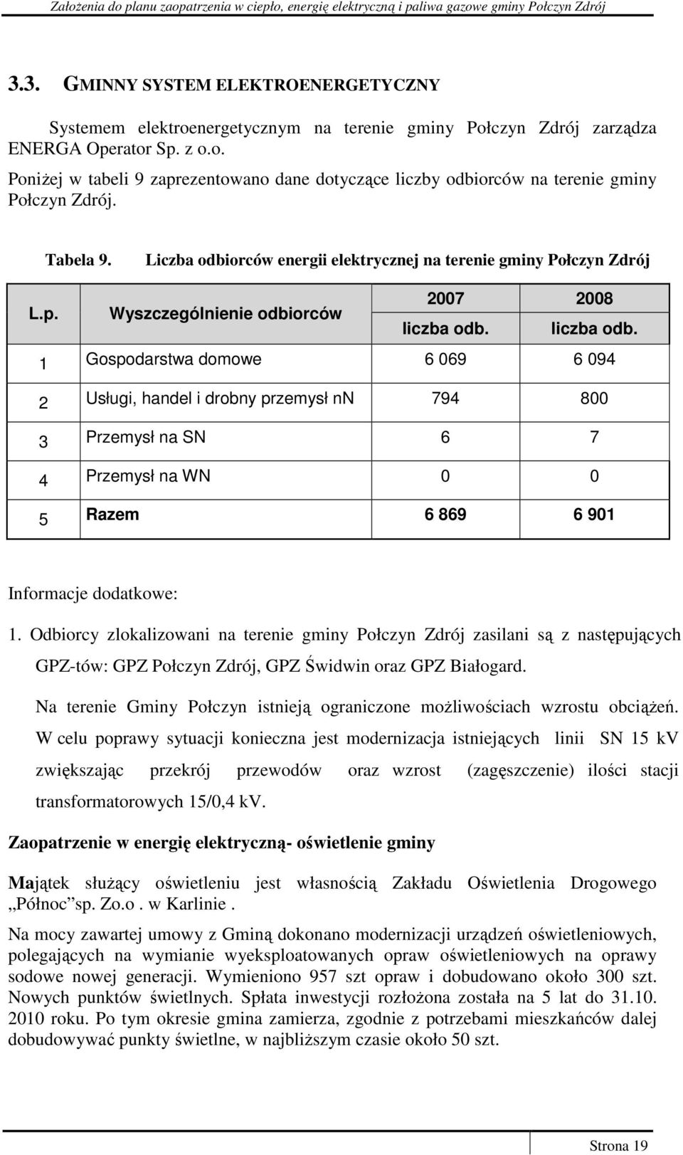 liczba odb. 1 Gospodarstwa domowe 6 069 6 094 2 Usługi, handel i drobny przemysł nn 794 800 3 Przemysł na SN 6 7 4 Przemysł na WN 0 0 5 Razem 6 869 6 901 Informacje dodatkowe: 1.