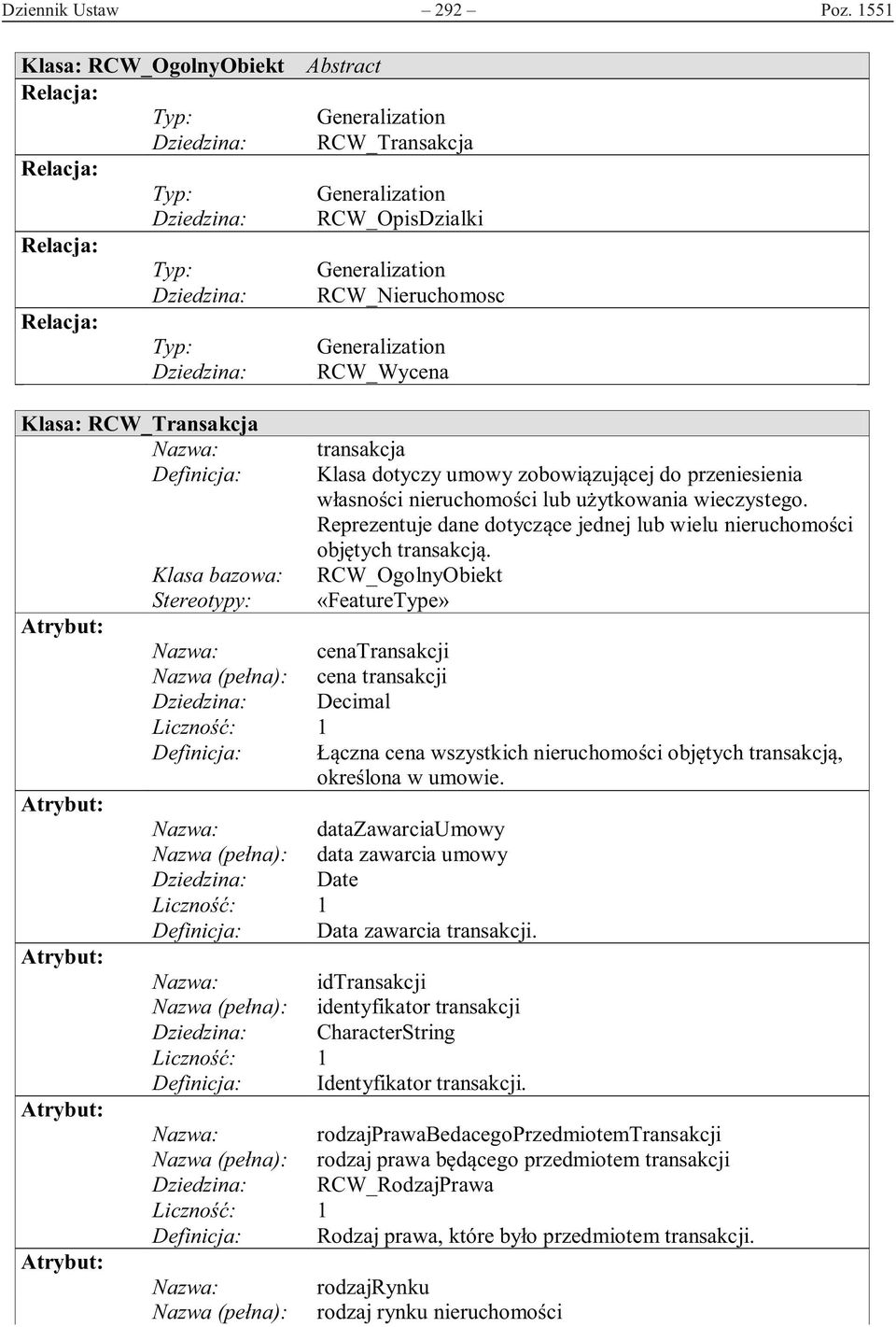 RCW_OpisDzialki Generalization RCW_Nieruchomosc Generalization RCW_Wycena Klasa: RCW_Transakcja Definicja: Klasa bazowa: Stereotypy: