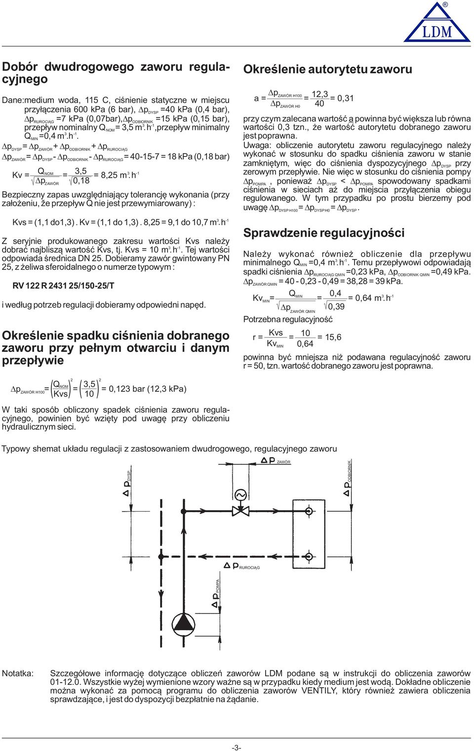 przepływ minimalny Q MIN =0,4m.h. p DYSP= p ZAWÓR+ p ODBIORNIK+ prurociąg p = p - p - p = 40-15-7 = 18 kpa (0,18 bar) ZAWÓR DYSP ODBIORNIK RUROCIĄG Q NOM Kv = = 3,5 = 8,25 m.