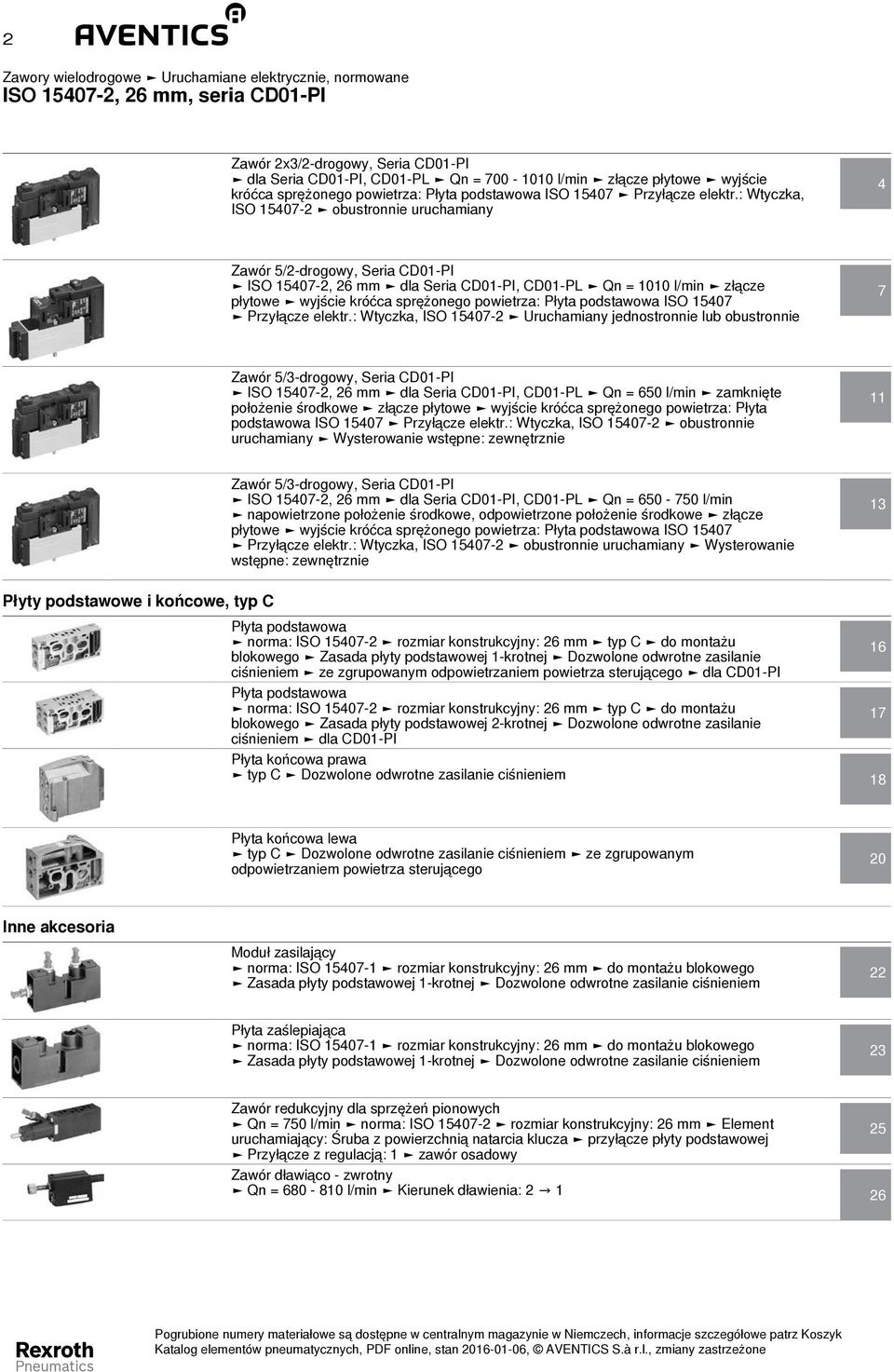 : Wtyczka, -2 Uruchamiany jednostronnie lub obustronnie 7 Zawór 5/3-drogowy, Seria CD01-PI -2, 26 mm dla Seria CD01-PI, CD01-PL Qn = 650 l/min zamknięte położenie środkowe złącze płytowe wyjście