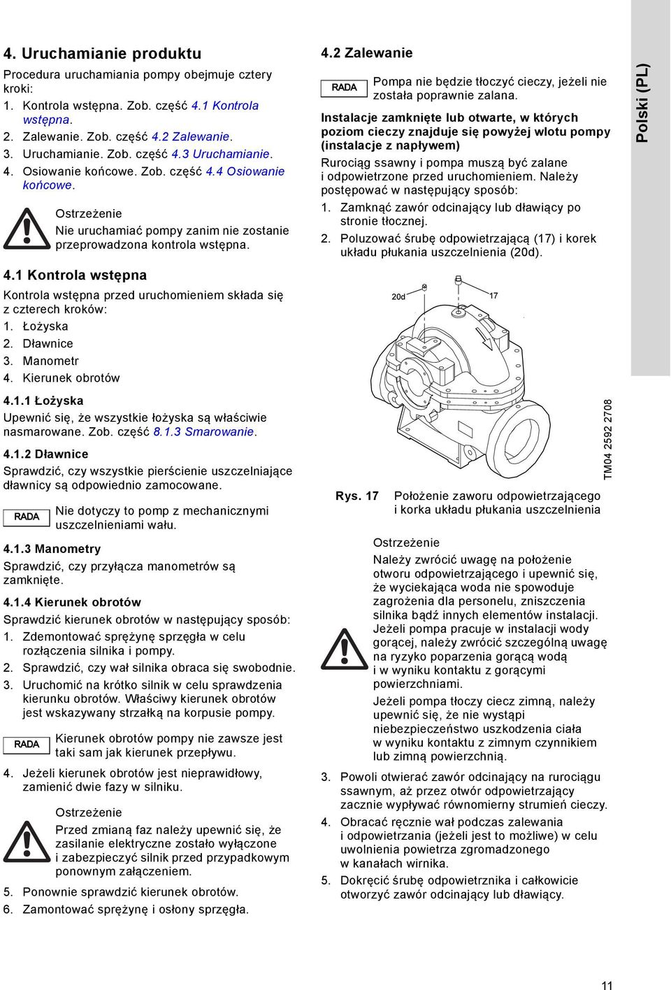Kierunek obrotów 4.1.1 Łożyska Upewnić się, że wszystkie łożyska są właściwie nasmarowane. Zob. część 8.1.3 Smarowanie. 4.1.2 Dławnice Sprawdzić, czy wszystkie pierścienie uszczelniające dławnicy są odpowiednio zamocowane.