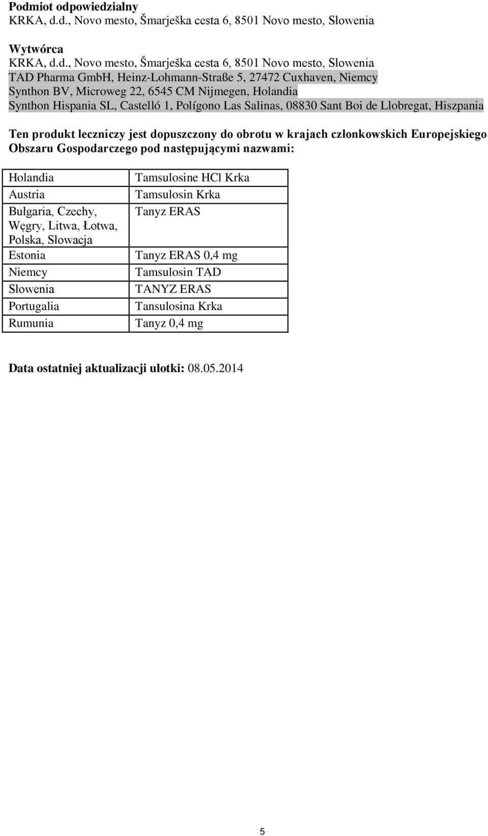 produkt leczniczy jest dopuszczony do obrotu w krajach członkowskich Europejskiego Obszaru Gospodarczego pod następującymi nazwami: Holandia Austria Bułgaria, Czechy, Węgry, Litwa, Łotwa, Polska,