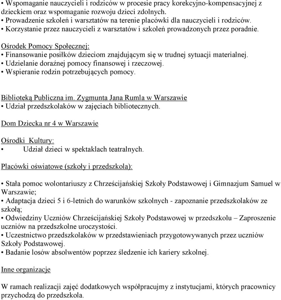 Ośrodek Pomocy Społecznej: Finansowanie posiłków dzieciom znajdującym się w trudnej sytuacji materialnej. Udzielanie doraźnej pomocy finansowej i rzeczowej. Wspieranie rodzin potrzebujących pomocy.