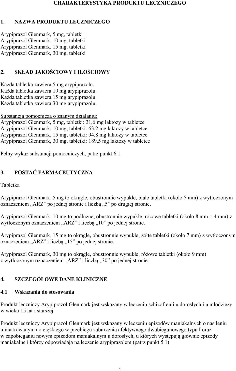 SKŁAD JAKOŚCIOWY I ILOŚCIOWY Każda tabletka zawiera 5 mg arypiprazolu. Każda tabletka zawiera 10 mg arypiprazolu. Każda tabletka zawiera 15 mg arypiprazolu. Każda tabletka zawiera 30 mg arypiprazolu.