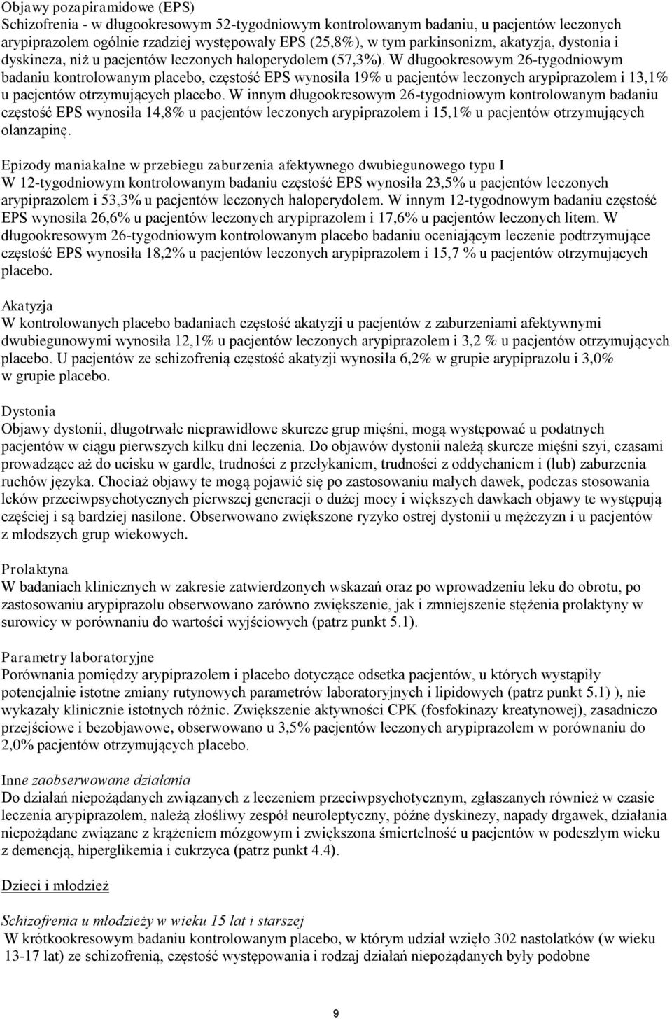 W długookresowym 26-tygodniowym badaniu kontrolowanym placebo, częstość EPS wynosiła 19% u pacjentów leczonych arypiprazolem i 13,1% u pacjentów otrzymujących placebo.