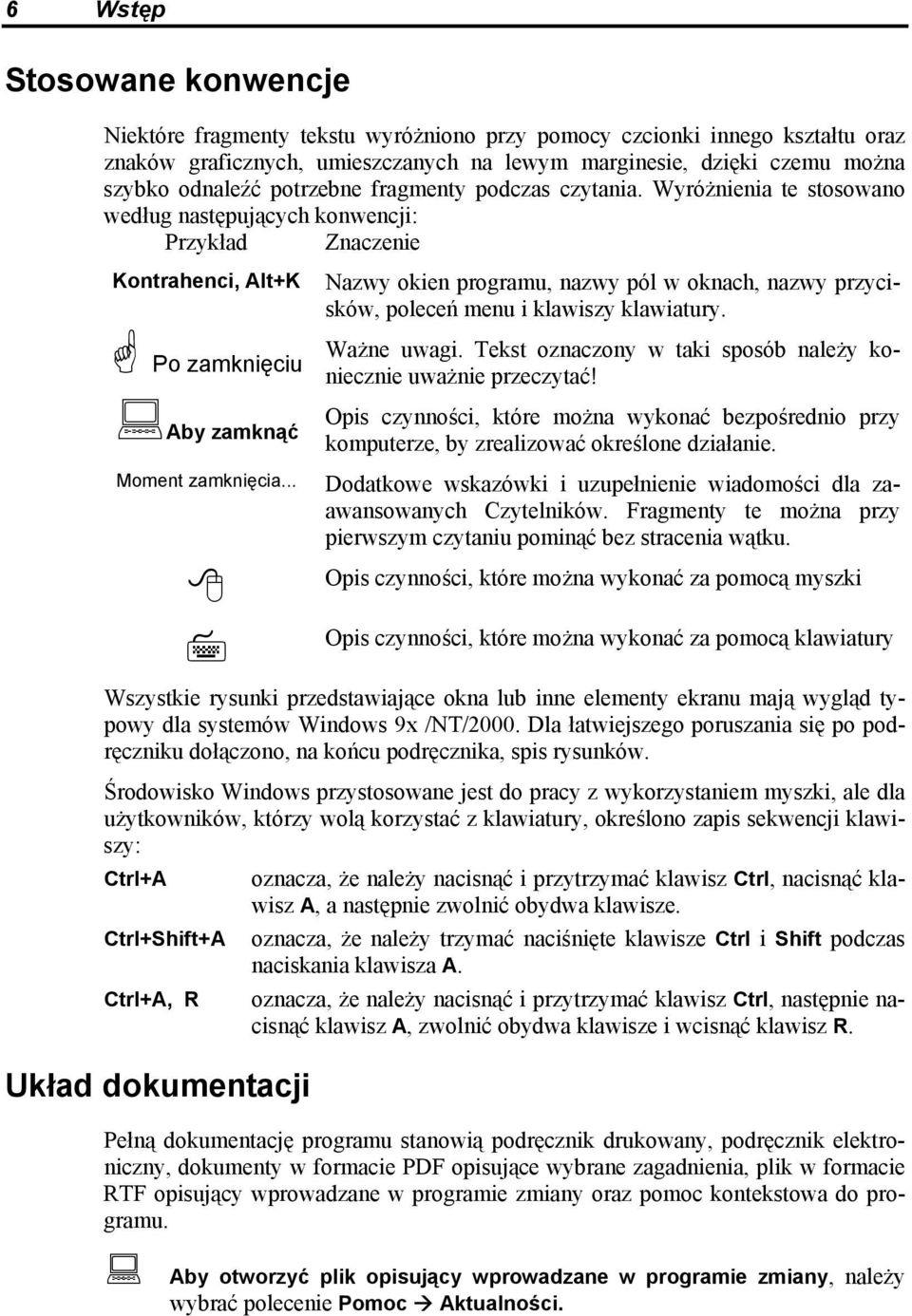Wyróżnienia te stosowano według następujących konwencji: Przykład Znaczenie Kontrahenci, Alt+K Po zamknięciu Nazwy okien programu, nazwy pól w oknach, nazwy przycisków, poleceń menu i klawiszy